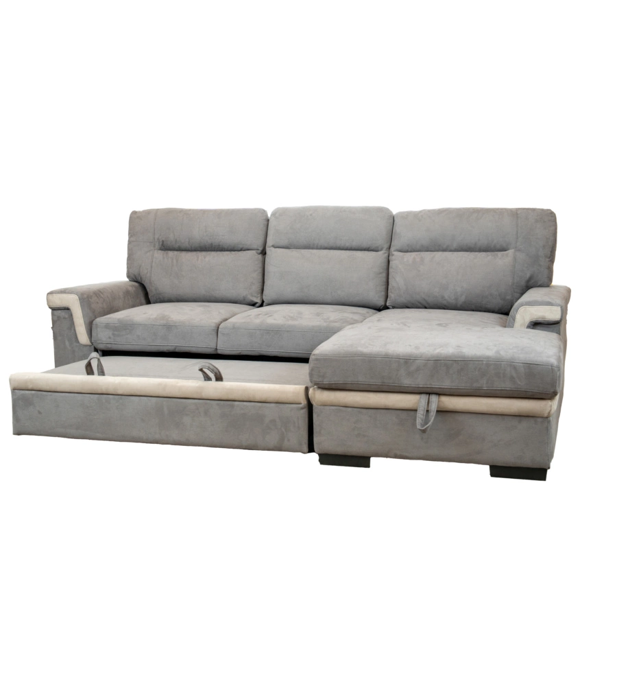 DIVANO LETTO ANGOLARE "ERIKA" IN TESSUTO GRIGIO CON PENISOLA A DESTRA, 254X92/165X102 CM